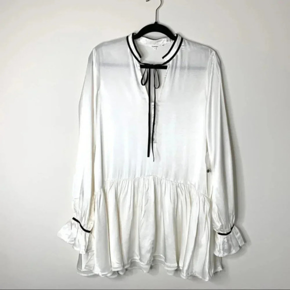 Revolve Tularosa Malia Mini Dress Shift Ivory Neck Tie Ruffle flare Sleeve XS - Picture 6 of 16